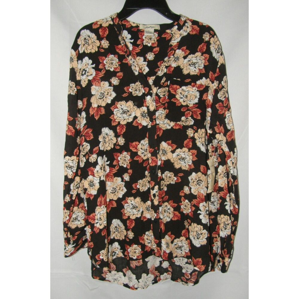 NWT Black Floral Sz Small Roomy Button Up High Low Long Sleeve Shirt LOVE POTION